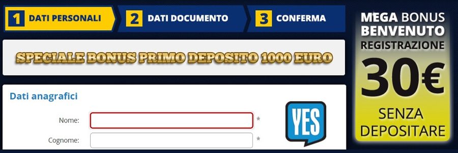 ricevi 30 euro su slotyes casino